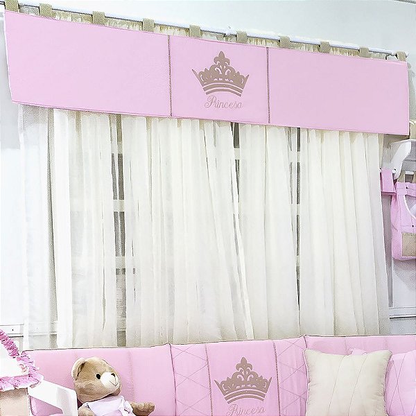 Cortina Dupla Luxo Rosa Bordada 07 Peças para Quarto de Bebê