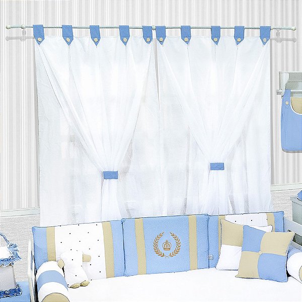 Cortina para Quarto de Bebê e Infantil Com Passadores em Tecido 06 Peças Coleção Coroa Luxo Azul Bebê