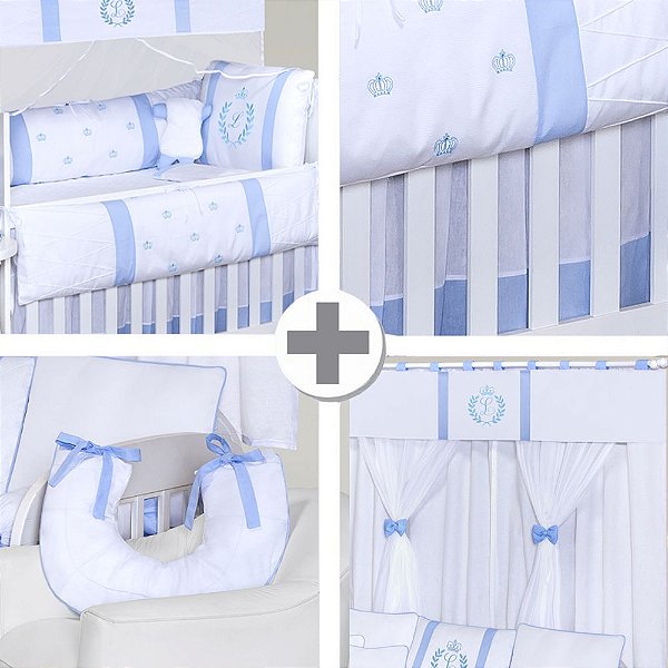Combo Kit Berço + Saia + Cortina + Almofada Amamentação Com A Inicial Do Bebê Azul Bebê