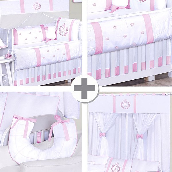 Combo Kit Berço + Saia + Cortina + Almofada Amamentação Com A Inicial Do Bebê Rosa