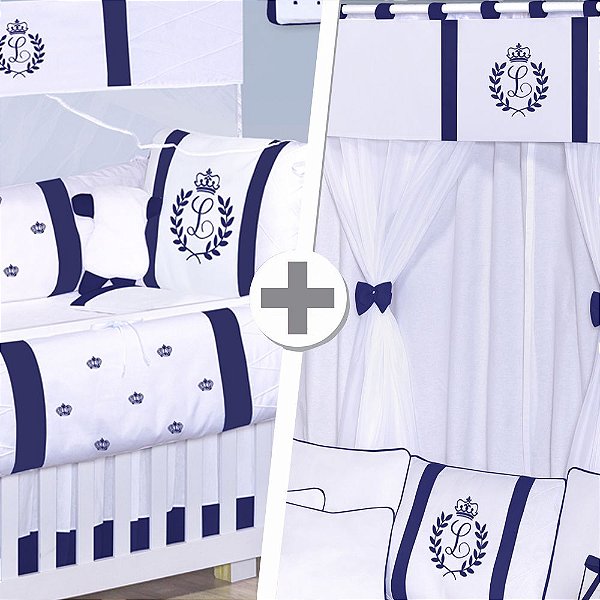 Combo Kit Berço + Cortina Com A Inicial Do Bebê Azul Marinho