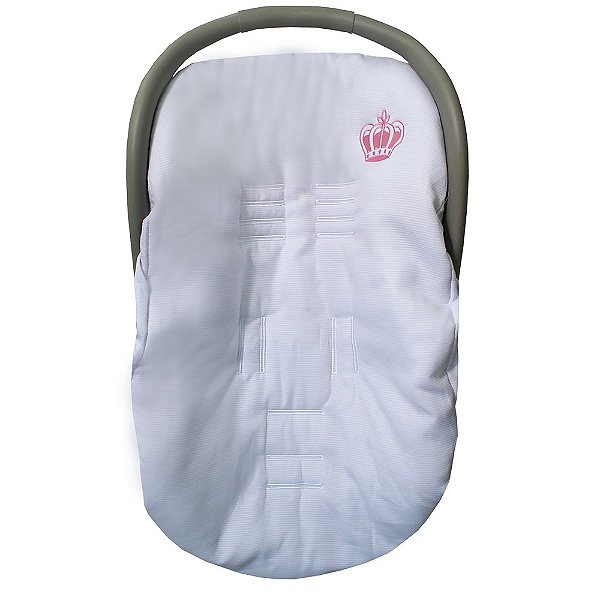 Capa Bebê Conforto Branca com Bordado de Coroa Rosa 100% Algodão