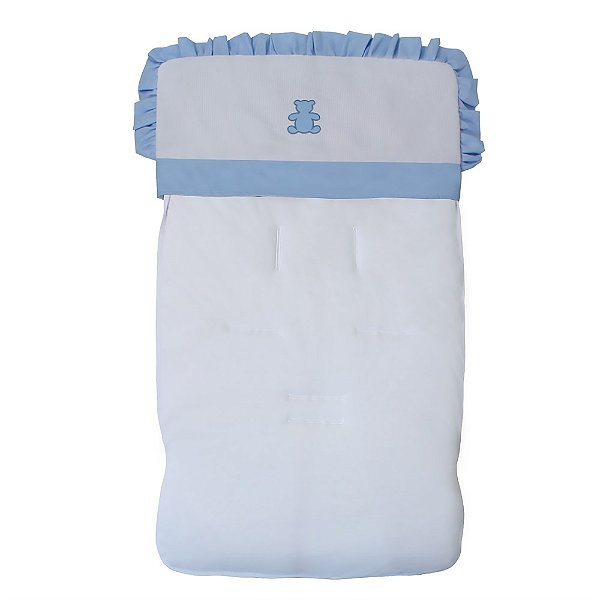 Capa de Carrinho Realeza Branca com Azul Bebê e Bordado de Ursinho 100% Algodão