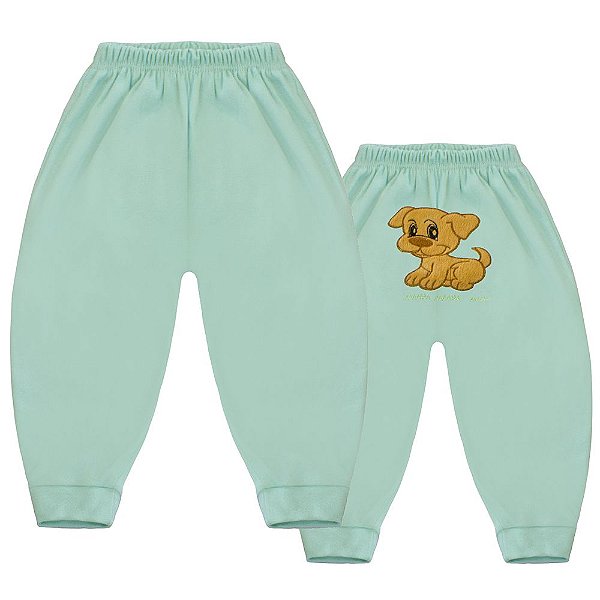 Calça de Malha para Bebê Menino com Bordado Cachorro Charlie Verde