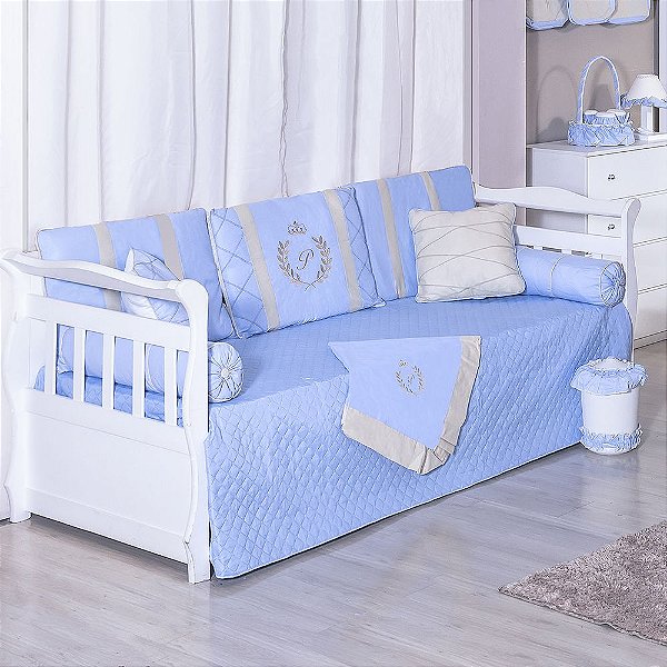 Kit Cama Babá Com A Inicial Do Bebê Bordada Luxo Azul 8 Peças