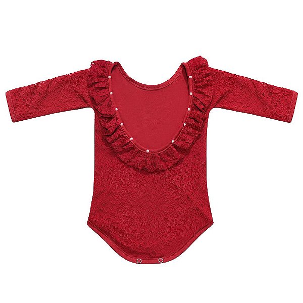 Body Bebê Feminino Manga Longa Maitê Vermelho com Renda