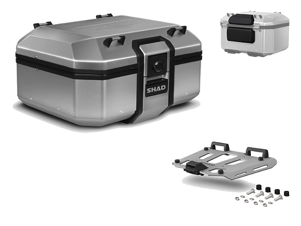 KIT BAÚ CENTRAL TR37 ALUMÍNIO ESCOVADO 37 LITROS COM ENCOSTO DUPLO E BASE DE FIXAÇÃO DE ALUMÍNIO