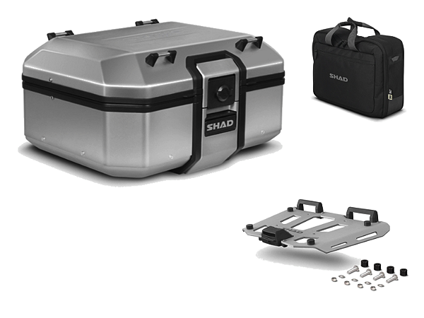 KIT BAÚ CENTRAL TR37 ALUMÍNIO ESCOVADO 37 LITROS COM BOLSA INTERNA E BASE DE FIXAÇÃO DE ALUMÍNIO