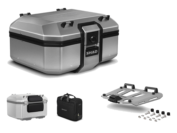 KIT BAÚ CENTRAL TR37 ALUMÍNIO ESCOVADO 37 LITROS COM ENCOSTO DUPLO, BOLSA INTERNA E BASE DE FIXAÇÃO DE ALUMÍNIO