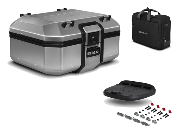 KIT BAÚ CENTRAL TR37 ALUMÍNIO ESCOVADO 37 LITROS COM BOLSA INTERNA E BASE DE FIXAÇÃO