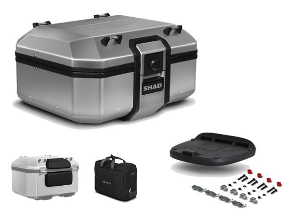KIT BAÚ CENTRAL TR37 ALUMÍNIO ESCOVADO 37 LITROS COM ENCOSTO DUPLO, BOLSA INTERNA E BASE DE FIXAÇÃO