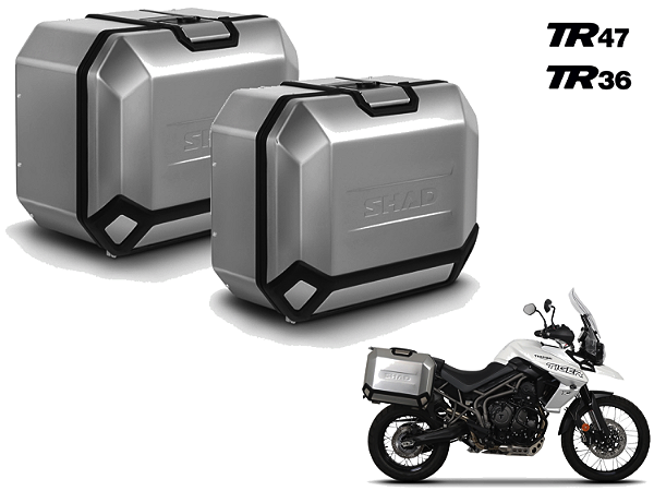 KIT PAR DE BAÚS LATERAIS ALUMÍNIO ESCOVADO SHAD TR47 ESQ. 47 LITROS + TR36 DIR. 36 LITROS COM SUPORTE 4P SYSTEM TRIUMPH TIGER 800