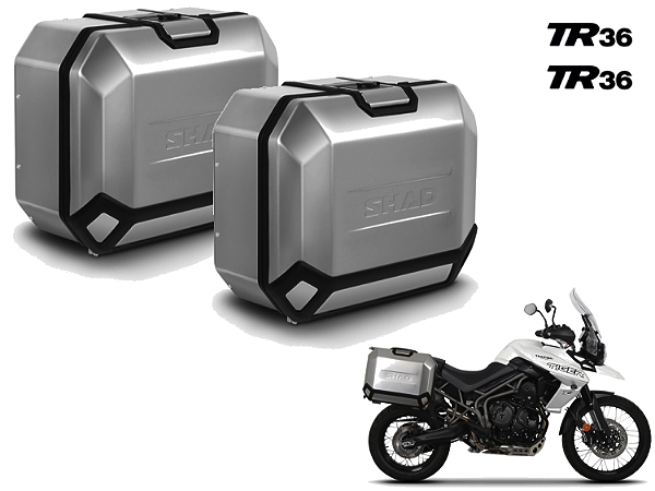 KIT PAR DE BAÚS LATERAIS SHAD TR36 ALUMÍNIO ESCOVADO 36 LITROS CADA LATERAL COM SUPORTE 4P SYSTEM TRIUMPH TIGER 800