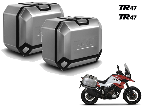 KIT PAR DE BAÚS LATERAIS SHAD TR47 ALUMÍNIO ESCOVADO 47 LITROS CADA LATERAL COM SUPORTE 4P SYSTEM SUZUKI V-STROM 1000 (A PARTIR 2014) E 1050