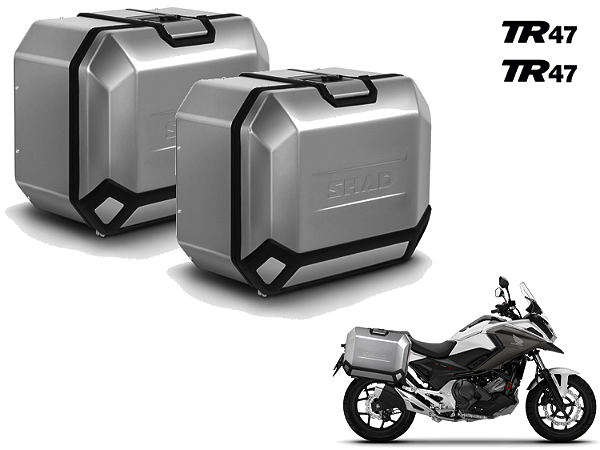 KIT PAR DE BAÚS LATERAIS SHAD TR47 ALUMÍNIO ESCOVADO 47 LITROS CADA LATERAL COM SUPORTE 4P SYSTEM HONDA NC 750X (2016 A 2021)