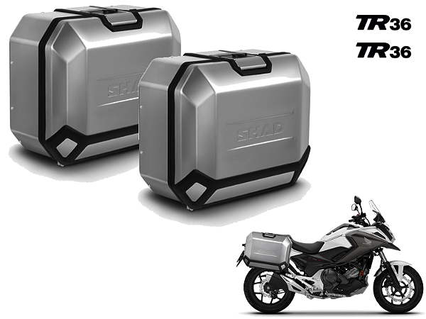 KIT PAR DE BAÚS LATERAIS SHAD TR36 ALUMÍNIO ESCOVADO 36 LITROS CADA LATERAL COM SUPORTE 4P SYSTEM HONDA NC 750X (2016 A 2021)