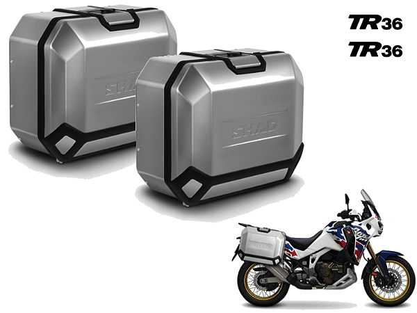 KIT PAR DE BAÚS LATERAIS SHAD TR36 ALUMÍNIO ESCOVADO 36 LITROS CADA LATERAL COM SUPORTE 4P SYSTEM HONDA CRF 1000L AFRICA TWIN ADV SPORTS (2020) / 1100L AFRICA TWIN (A PARTIR 2023) E ADV SPORTS