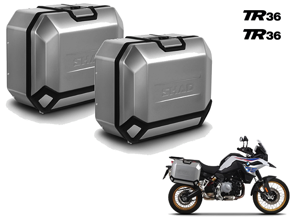 KIT PAR DE BAÚS LATERAIS SHAD TR36 ALUMÍNIO ESCOVADO 36 LITROS CADA LATERAL COM SUPORTE 4P SYSTEM BMW F 750, 800 (2024+), 850 GS / ADV E 900 GS ADV