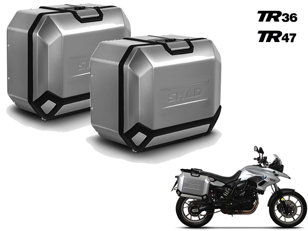 KIT PAR DE BAÚS LATERAIS SHAD ALUMÍNIO ESCOVADO TR36 ESQ. 36 LITROS E TR47 DIR. 47 LITROS COM SUPORTE 4P SYSTEM BMW F 700 E 800 GS (ATÉ 2018)