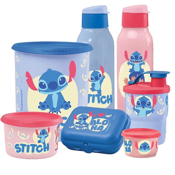 Kit Tupperware Disney Stitch Ohana 7 peças Rosa e Azul