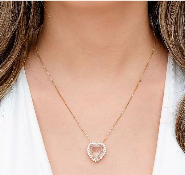 Colar Gargantilha Pingente de Coração Pedra Cristal Banhado em Ouro 18k
