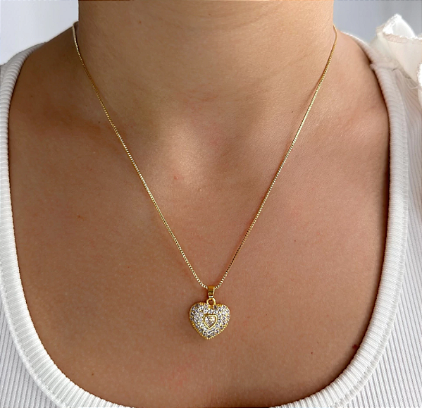 Colar Gargantilha Pingente Coração Cravejado Zircônias Banhado em Ouro 18k