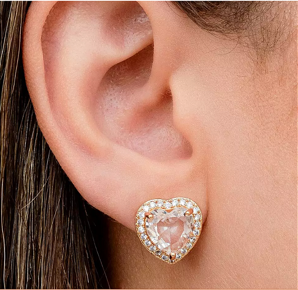 Brinco Coração Cravejado Zircônias Banhado em Ouro 18k