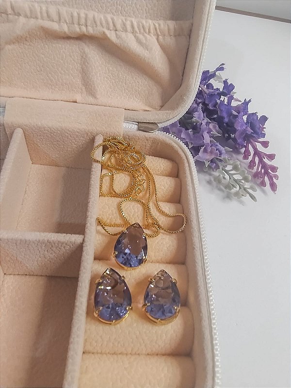 Conjunto Colar e Brincos Gota Lavanda Banhado a ouro 18k