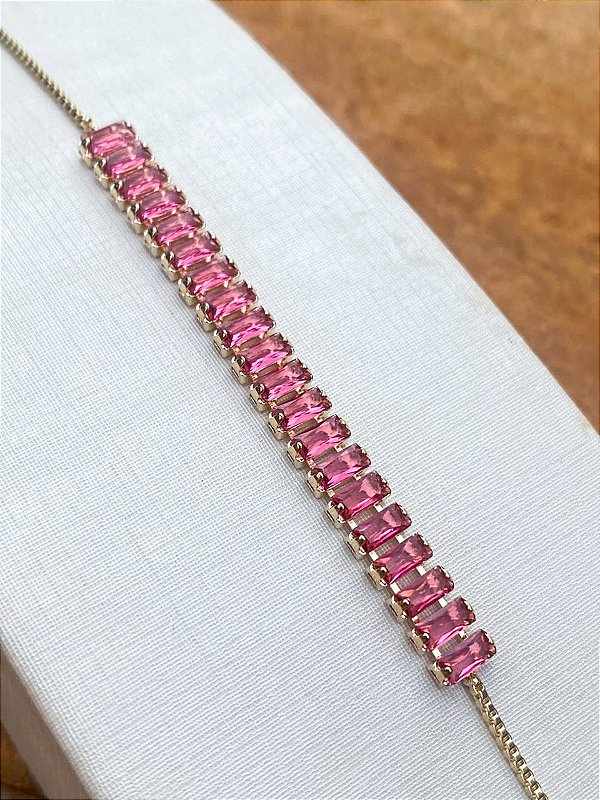 Pulseira Riviera Zircônia Baguete 6mm Rubelita