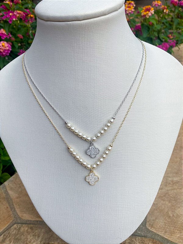 Colar Cartier com Pérolas 6mm Cravejado Zircônias Cristal