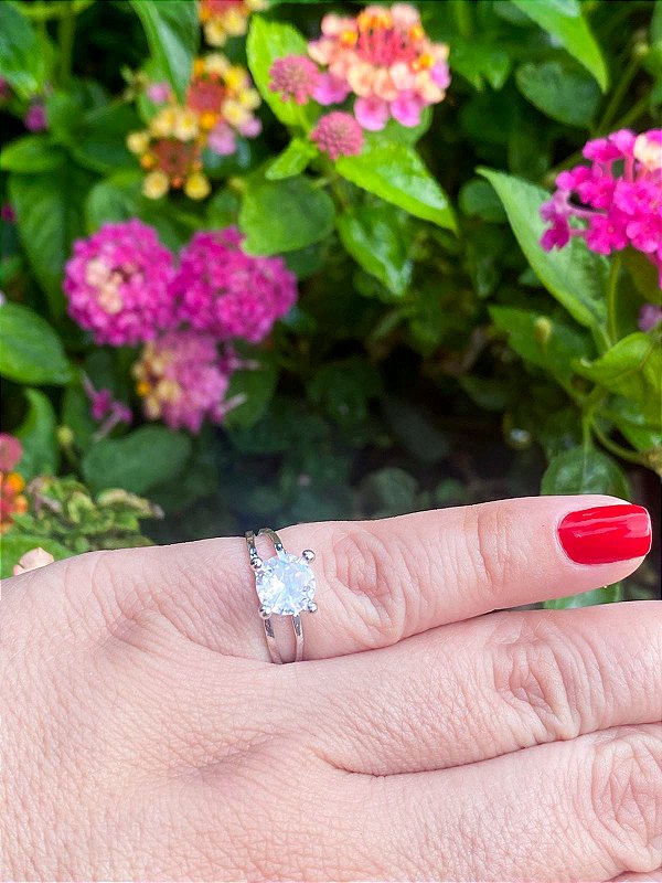 Anel Solitário Pedra Grande Ródio Branco