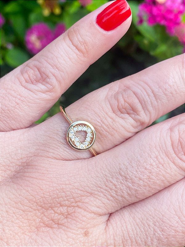 Anel Coração Cravejado em Zircônias Banhado a Ouro 18k