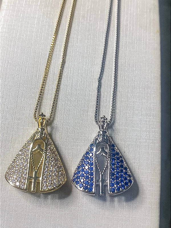 Colar Nossa Senhora Aparecida Dupla Face Cravejado em  Zircônias