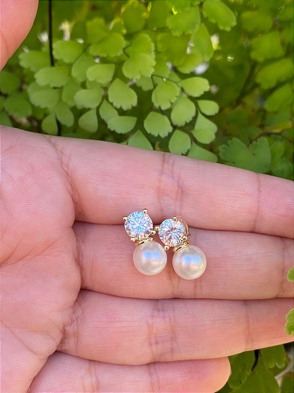 Brinco Pérola com Zircônia Redonda Banhado a Ouro 18k
