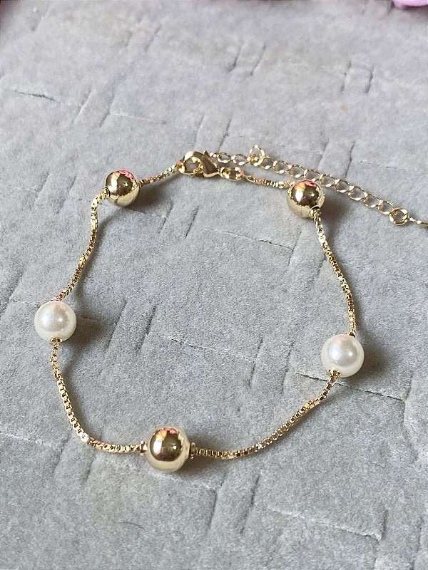 Pulseira de Pérolas e Esferas Corrente Veneziana