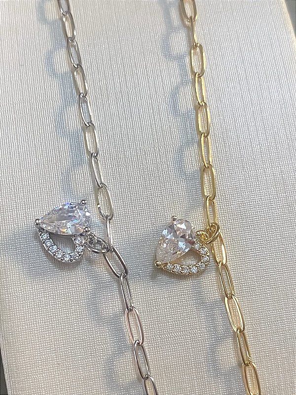 Pulseira Corrente Elos Coração de Zircônia