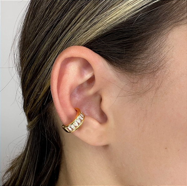 Piercing Fake Baguetes de Zircônias Cristal Banhado em Ouro 18k