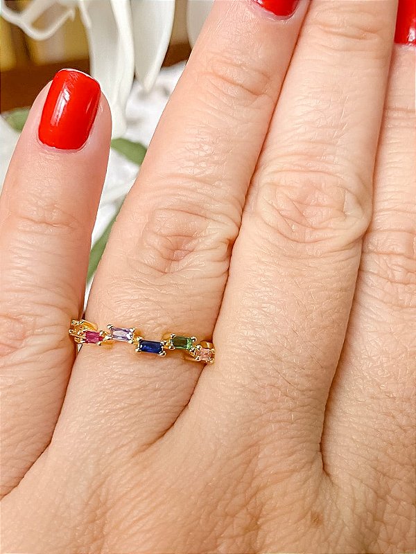 Anel Regulável com Zircônias Baguetes Coloridas