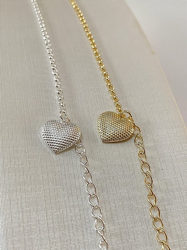 Pulseira Elo Português Pingente Coração Craquelado