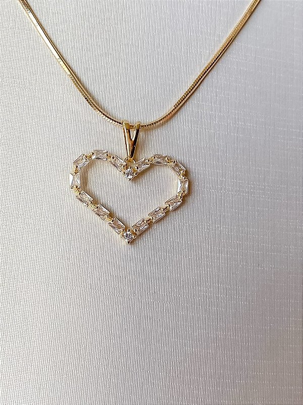 Colar Coração em Baguetes de Zircônias Cristal Banhado a Ouro