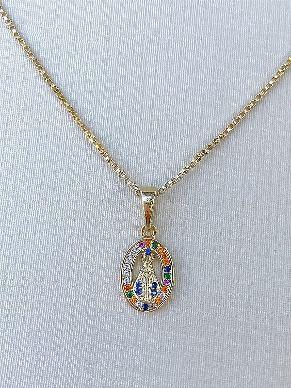 Colar Nossa Senhora Aparecida com Zircônias Coloridas