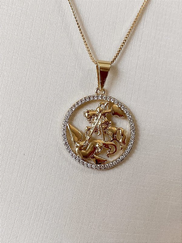 Colar Medalha São Jorge Cravejada em Zircônias