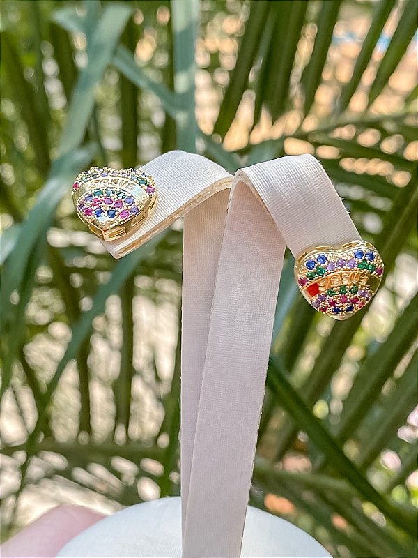 Brinco Coração Jesus com Micro Zicônias Coloridas