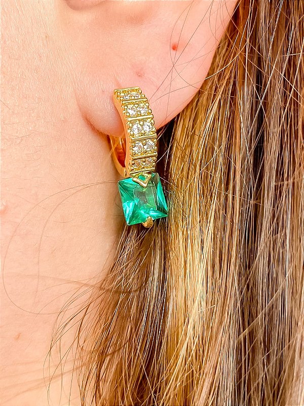 Brinco Argolinha com Pedra Turmalina Quadrada