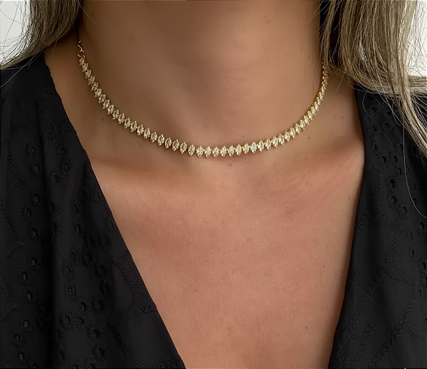 Colar Choker Navetes Cristal Banhado a Ouro 18k