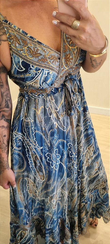 Vestido Longo Estampado Azul Alcinha Maria