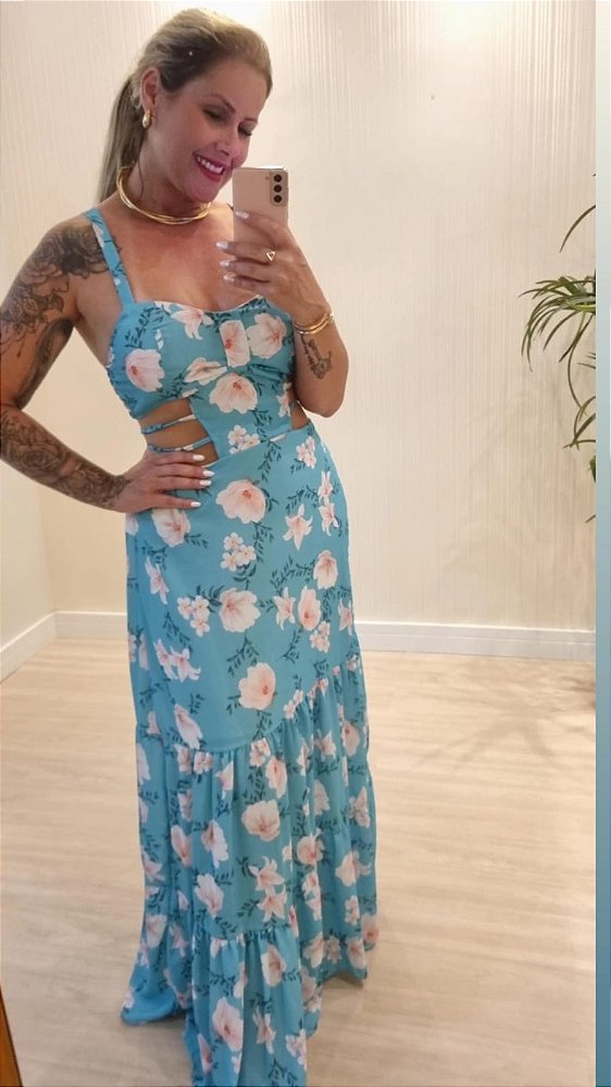 Vestido Longo Estampado Esther Azul
