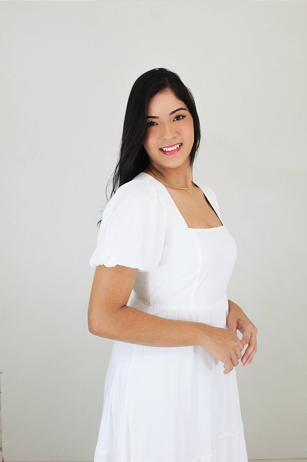 Vestido longo viscolinho frente quadrada manga bufante elástico