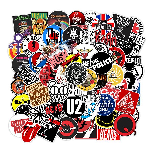 Kit 64 Adesivos Bandas de Rock Vintage Retro