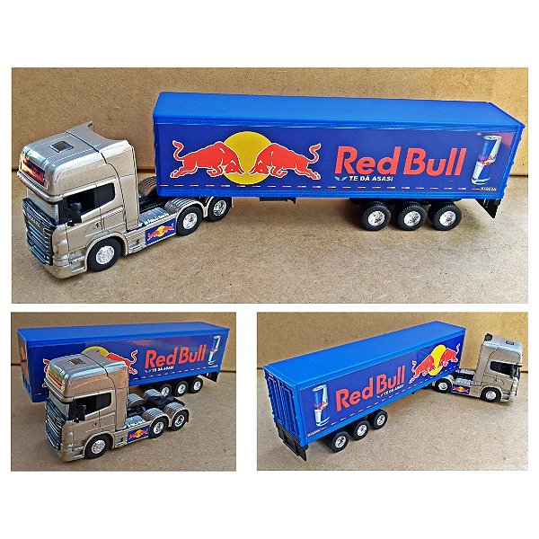 SCANIA R730 RED BULL - ESCALA 1/64 + CARRETA ESCALA 1/64 = 26 CM